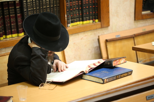 rabbi reading in library 